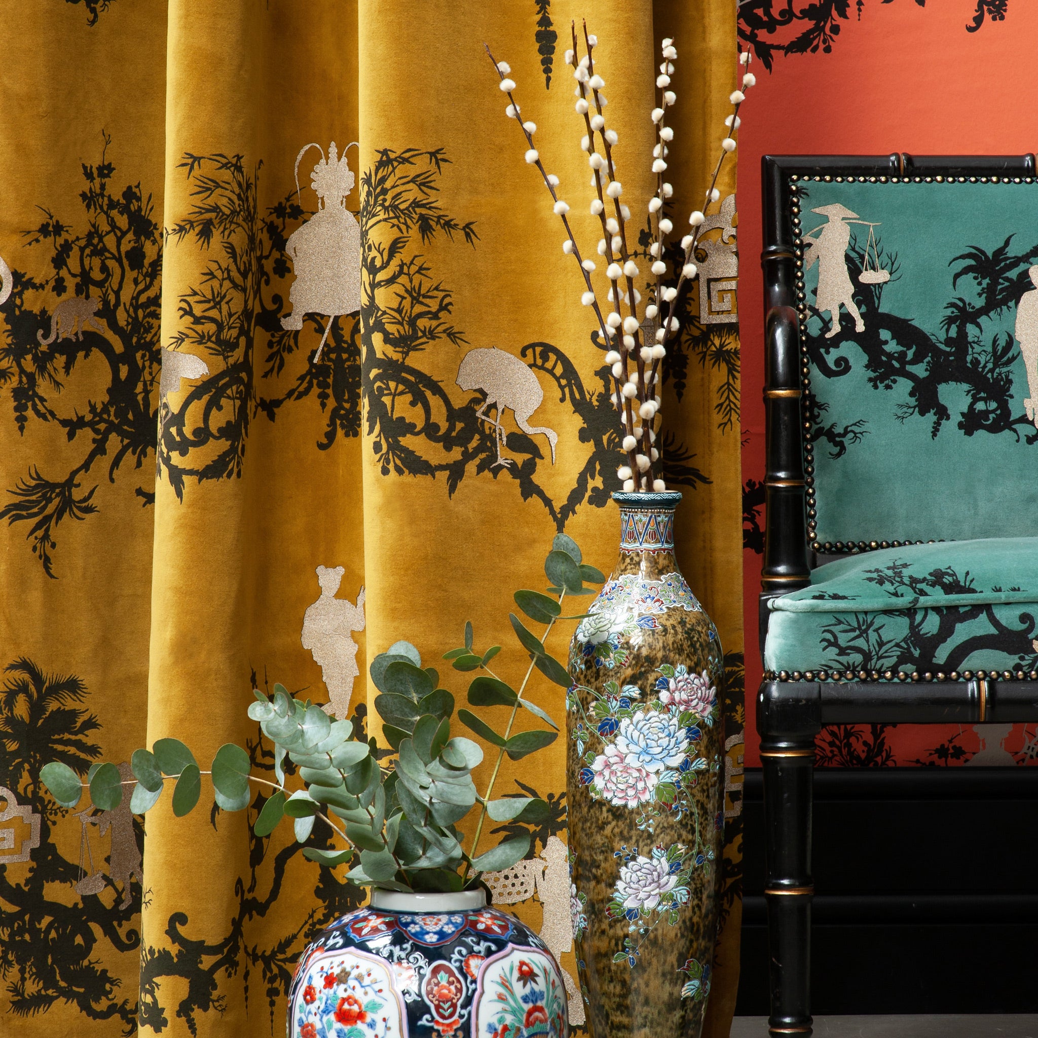 Timorous Beasties 'Shuiping De Pillement' Velvet Fabric Gold Room Scene