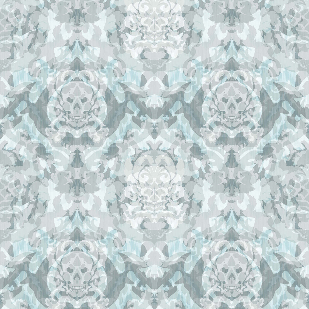 Timorous Beasties 'Skull Damask' Superwide Wallpaper Pale Blue