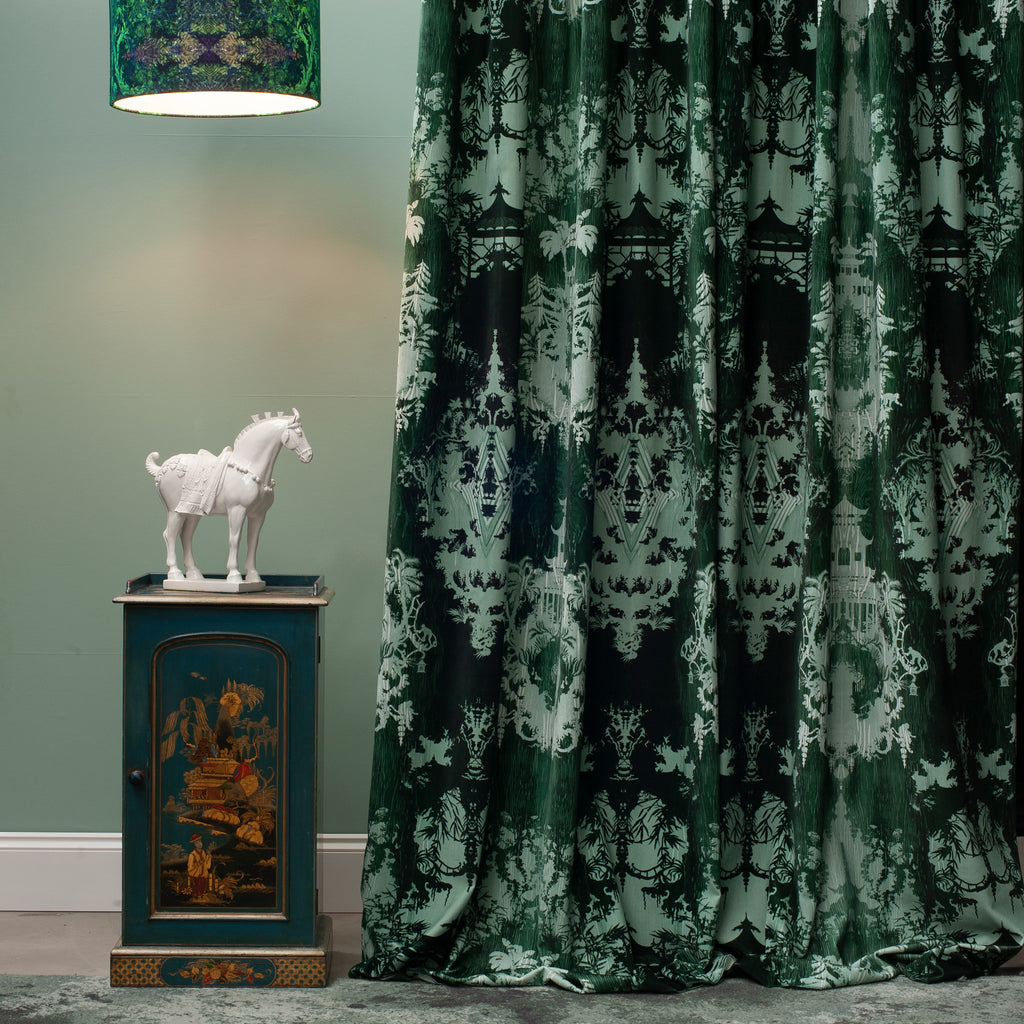 Timorous Beasties 'Temples in The Sky' Velvet Fabric Green Curtain