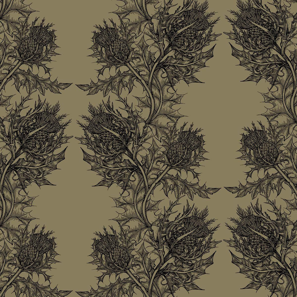 Timorous Beasties 'Thistle' Wallpaper Black on Khaki